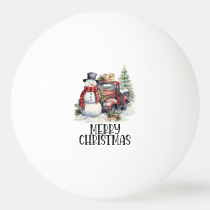 Roter LKW mit Weihnachtsbaum für Pingpongspieler Tischtennisball