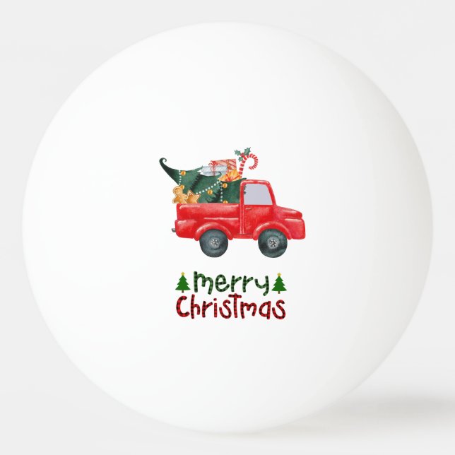 Roter LKW mit Weihnachtsbaum für Pingpongspieler Tischtennisball (Vorderseite)
