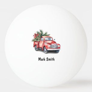 Roter LKW mit Weihnachtsbaum für Pingpongspieler Tischtennisball