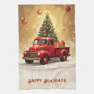 Roter LKW mit Weihnachtsbaum-Küchenhandtuch Geschirrtuch