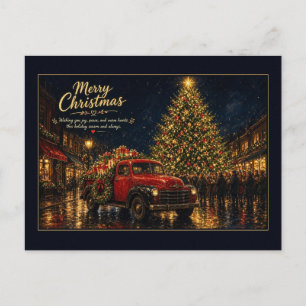 Roter LKW neben dem Weihnachtsbaum der Stadt auf e Postkarte