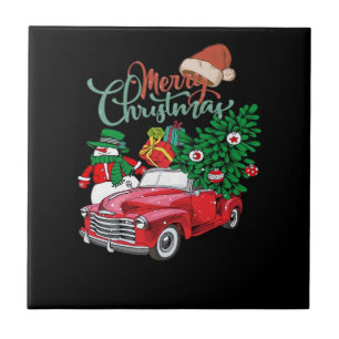 Roter LKW Pickup Weihnachtsbaum Frohe Weihnachten  Fliese