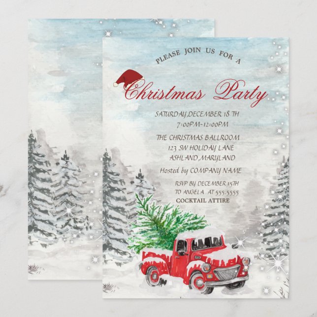 Roter LKW Pine Tree Forest Weihnachten Einladung (Vorne/Hinten)