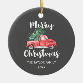 Roter LKW und Baum | Grauer Weihnachtsurlaub Keramik Ornament
