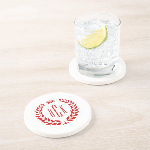 Roter Lorbeerkranz mit individuellem Monogramm Getränkeuntersetzer