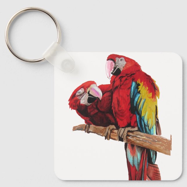 Roter Macaw Papagei Papageien Wasserfarben Schlüss Schlüsselanhänger (Vorderseite)