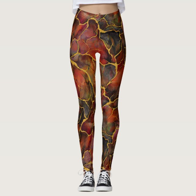 Roter Marmor mit goldenen Adern Leggings (Vorderseite)