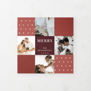 Roter Maroon Karo 7 Foto Kreuz Frohe Weihnachten Dreifach Gefaltete Urlaubskarte