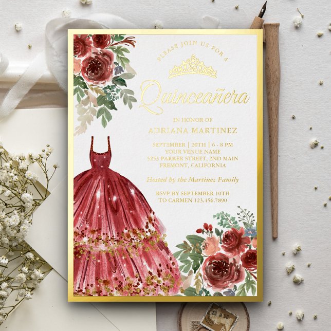 Roter Marsala Blumenkleid Quinceanera Gold Folieneinladung (Von Creator hochgeladen)