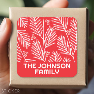 Roter Merry Calligrafy-Kiefer Zweige weiß Quadratischer Aufkleber