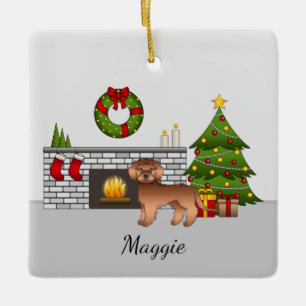Roter Mini Goldendoodle - Festlicher Weihnachtsrau Keramikornament