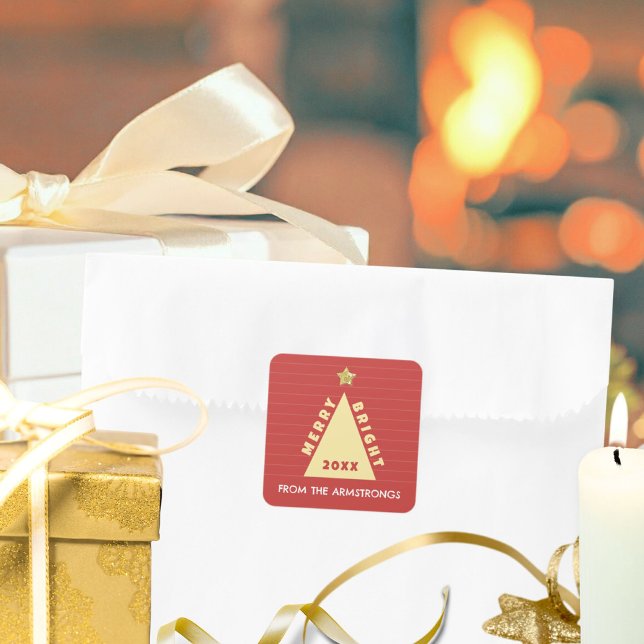 Roter minimalistischer Weihnachtsbaum Name Quadratischer Aufkleber (Red Minimalist Christmas Tree Name Square Sticker ©Susanne Sachers - Sunny Mind 🌞)