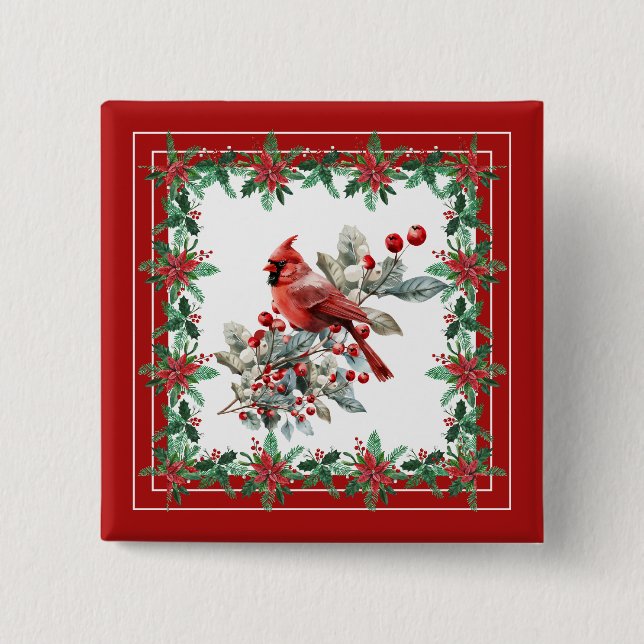 Roter Mockingbird Poinsettia Grenzen Elegant Button (Vorderseite)