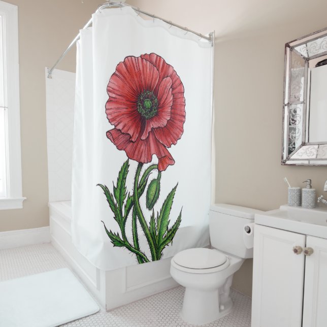 Roter Mohn, Aquarell und Tinte Duschvorhang (Beispiel)
