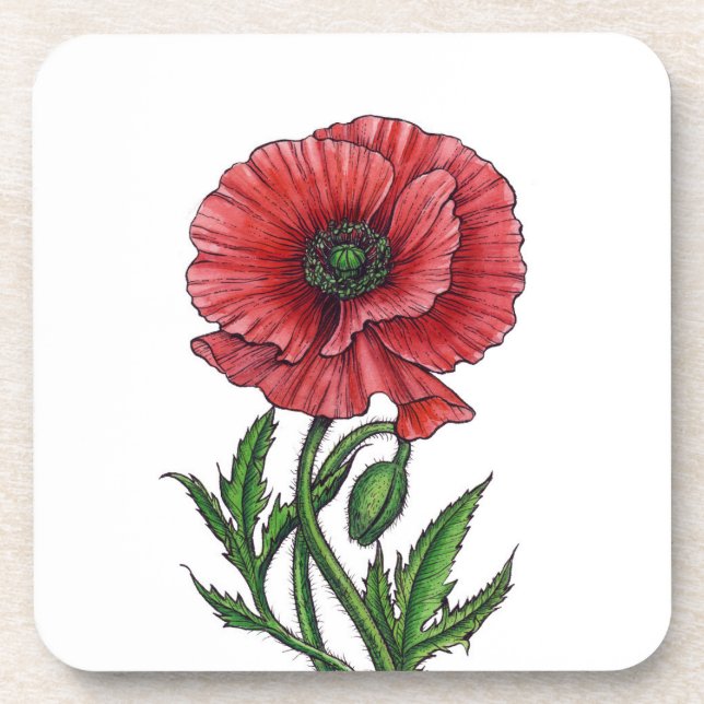 Roter Mohn, Aquarell und Tinte Getränkeuntersetzer (Vorderseite)