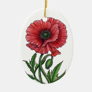 Roter Mohn, Aquarell und Tinte Keramik Ornament