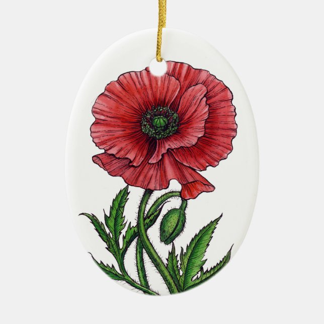Roter Mohn, Aquarell und Tinte Keramik Ornament (Vorne)