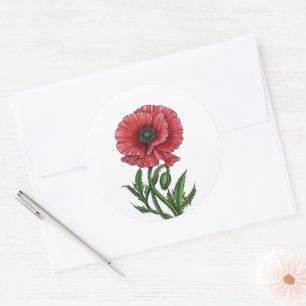 Roter Mohn, Aquarell und Tinte Runder Aufkleber