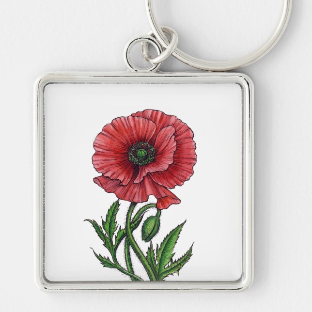 Roter Mohn, Aquarell und Tinte Schlüsselanhänger (Vorne)