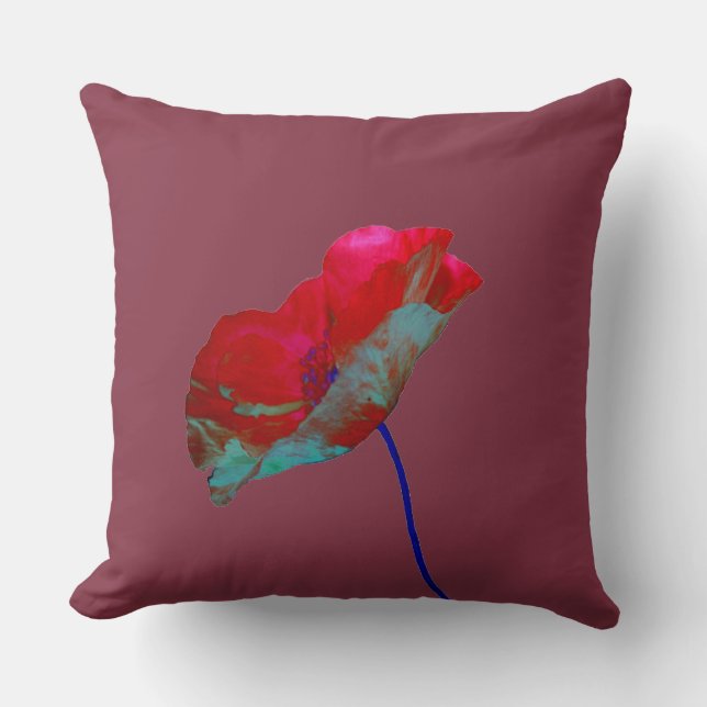 Roter Mohn auf bordeauxrot Kissen (Vorderseite)