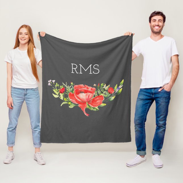 Roter Mohn auf grauem, individualisierbarem Monogr Fleecedecke (Beispiel)
