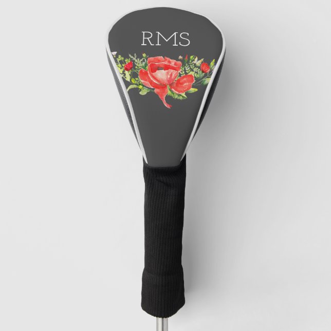 Roter Mohn auf grauem, individualisierbarem Monogr Golf Headcover (Vorderseite)