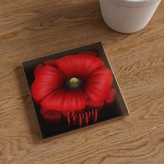 Roter Mohn Blume Art Personalisiertes Glas Unterse Glasuntersetzer (Pop your name on this pretty poppy glass coaster. It's a lovely housewarming gift or a treat for you)
