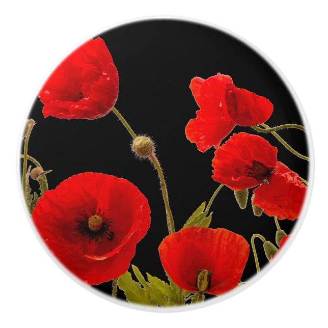 Roter Mohn Blume Farbenfroh Abstrakt Schwarz Keramikknauf (Vorderseite)
