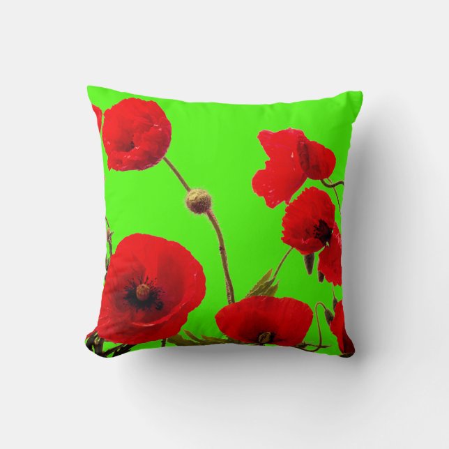Roter Mohn Blume farbenfrohe, helle Neon Grüne Blü Kissen (Vorderseite)