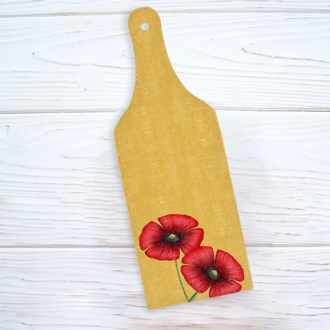 Roter Mohn Blume Gelbe Paddelplatine Schneidebrett (A bright mustard yellow paddle cutting board with two poppy flowers. Pop it in your basket!)