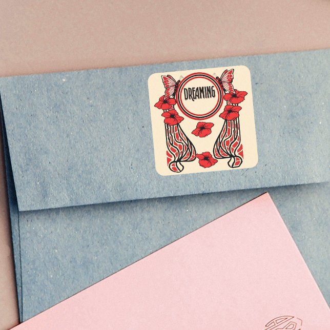 Roter Mohn Blume Schmetterling Abstrakt Dreaming Quadratischer Aufkleber (Art Deco style flowers mosaics butterflies with text Deaming in red black circle on cream stickers.)