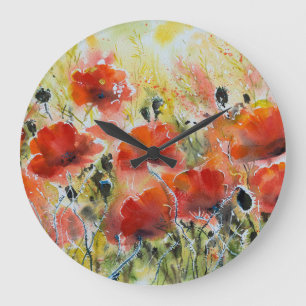 Roter Mohn Blume, weiche Wasserfarbe. Große Wanduhr