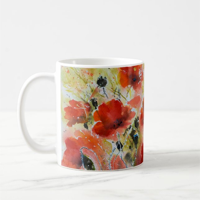 Roter Mohn Blume, weiche Wasserfarbe. Kaffeetasse (Links)