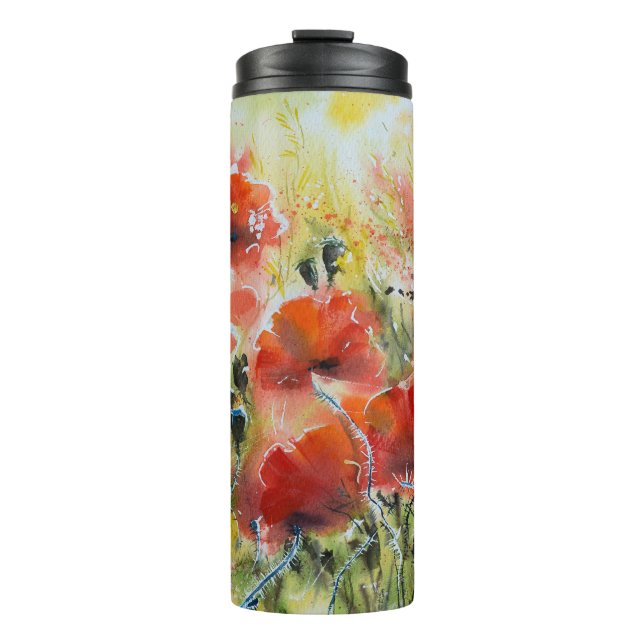 Roter Mohn Blume, weiche Wasserfarbe. Thermosbecher (Vorderseite)