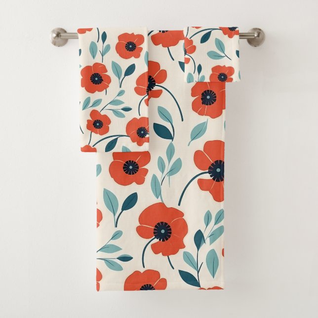 Roter Mohn Blumendruck Nahtloses Muster Badhandtuch Set (Insitu)
