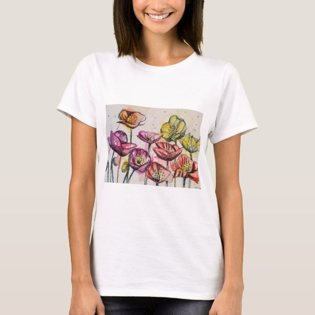 Roter Mohn Blumenstrauß Wasserfarbe Blume Muster T-Shirt (Vorderseite)