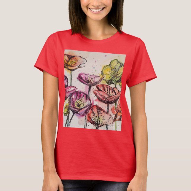 Roter Mohn Blumenstrauß Wasserfarbe Blume Muster T-Shirt (Vorderseite)