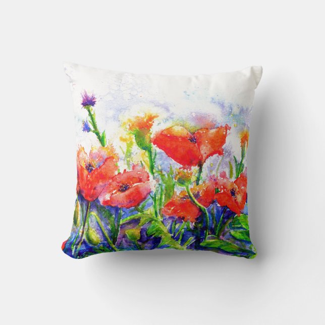 Roter Mohn Fields Aquarell Blumenbemalung Kissen (Vorderseite)