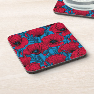 Roter Mohn-Garten auf Blau Getränkeuntersetzer