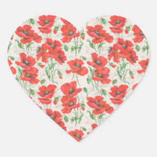 Roter Mohn im Vintage-Blumenmuster Herz-Aufkleber