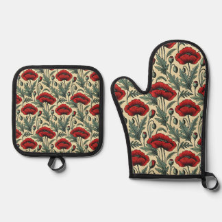 Roter Mohn im Vintage-Stil Ofenhandschuh & Topflappen-Set
