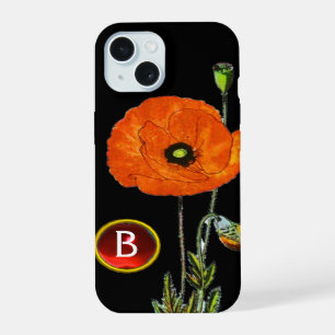 ROTER MOHN IN SCHWARZEM RUBIN-EDELSTEIN-MONOGRAMM iPhone 15 HÜLLE