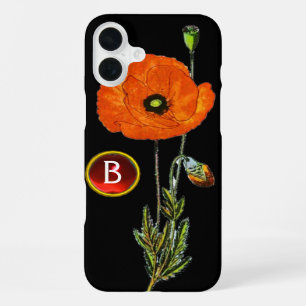 ROTER MOHN IN SCHWARZEM RUBIN-EDELSTEIN-MONOGRAMM iPhone 16 PLUS HÜLLE