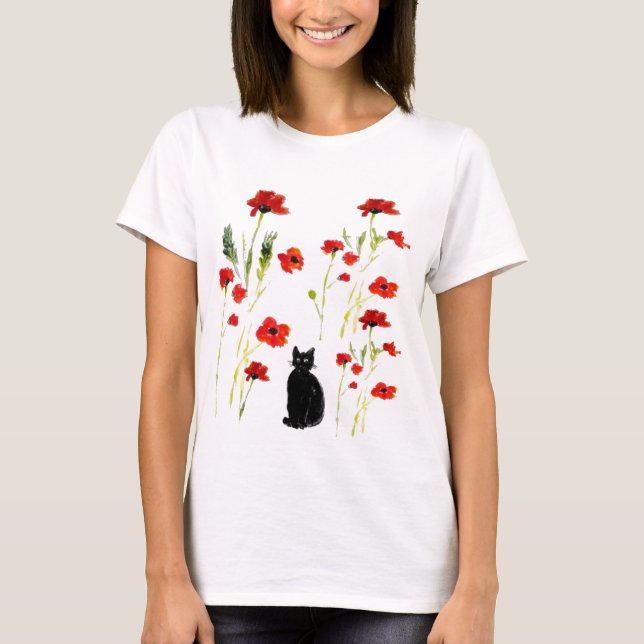Roter Mohn, Niedliche Katze T-Shirt (Vorderseite)