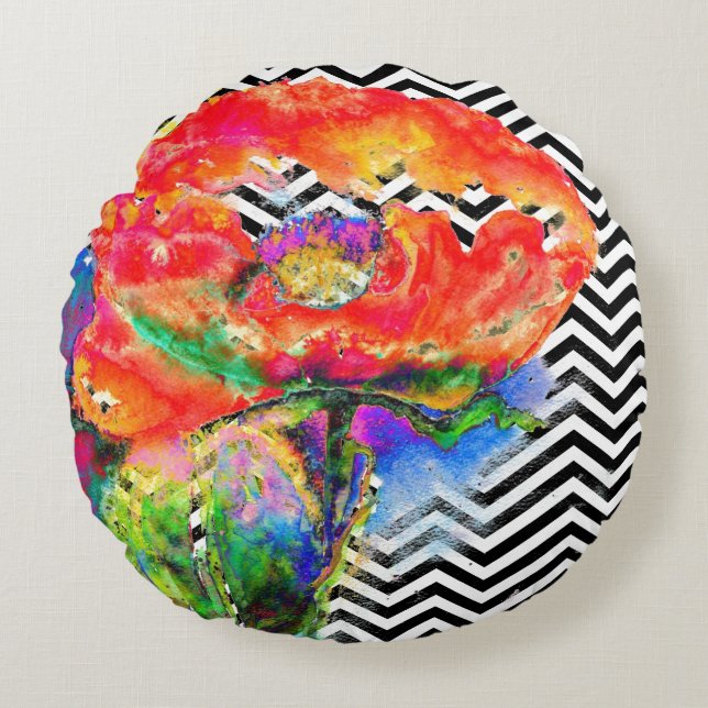 Roter Mohn, schwarz und weiß Zickzack Rundes Kissen (Vorderseite)