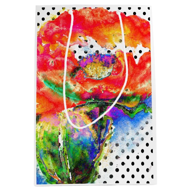 Roter Mohn - schwarz-weiße Polka-Punkte Mittlere Geschenktüte (Vorderseite)