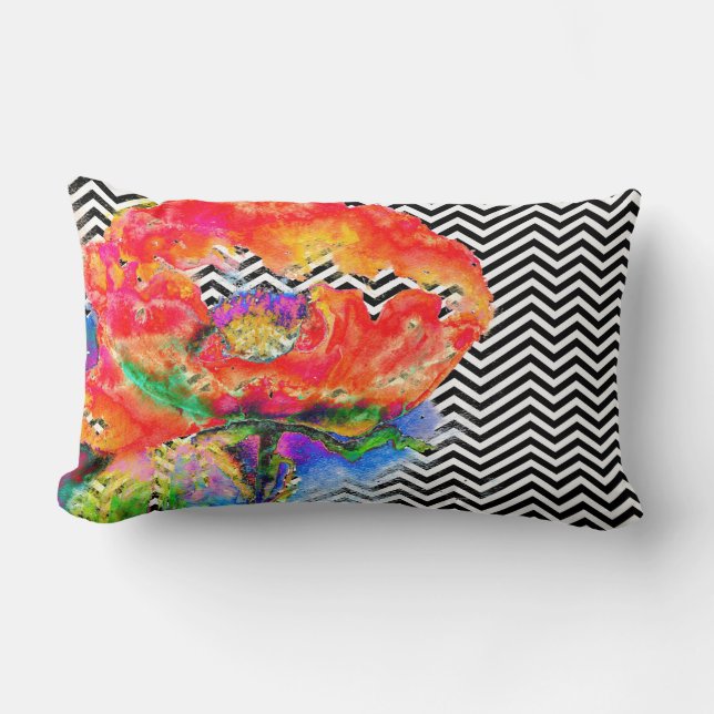 Roter Mohn - Schwarzweiß Zickzack Lendenkissen (Vorderseite)