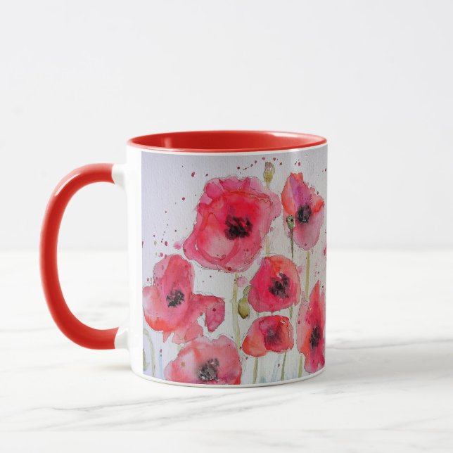 Roter Mohn Wasserfarbenmalerei Tasse (Links)
