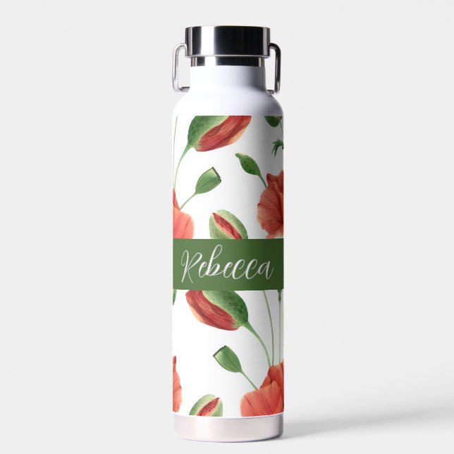  Roter Mohn Wildblume Wasserfarbe Monogramm Name Trinkflasche (Vorne)