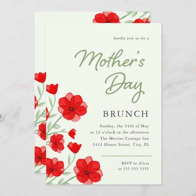 Roter Mohnblütenbrunch am Tag der Mutter Einladung (Vorne/Hinten)